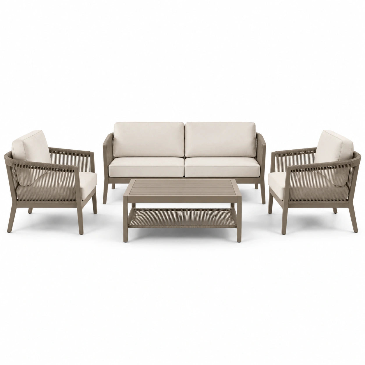 Set da salotto da giardino in metallo con cuscini in poliestere crema