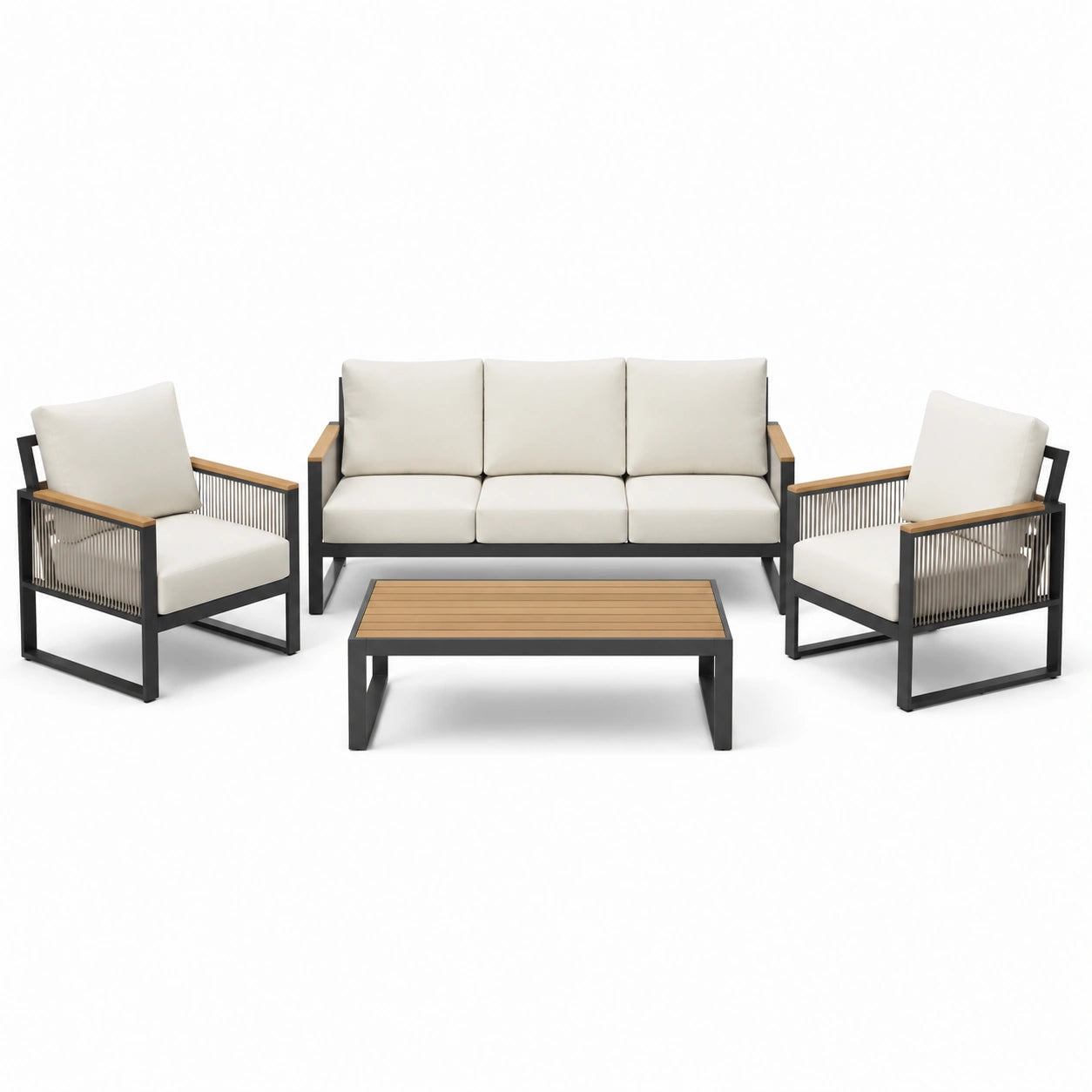 Set da giardino in alluminio e legno con cuscini in tessuto crema