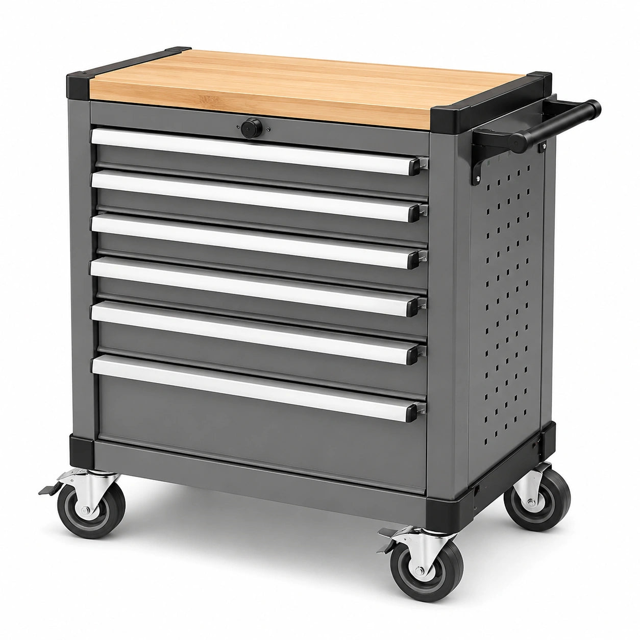 Carrello portautensili in metallo con 7 cassetti e piano in legno