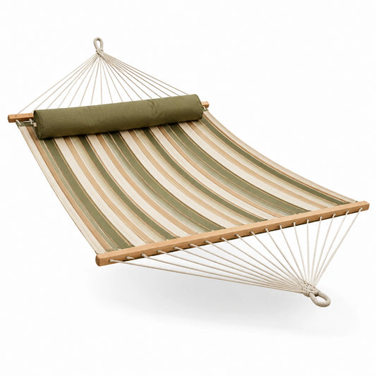 Amaca in legno e poliestere a righe verde e beige con cuscino