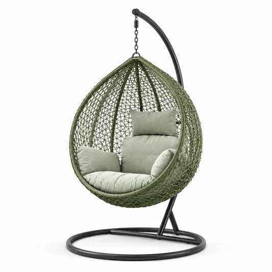 Sedia sospesa in metallo e rattan verde con cuscini