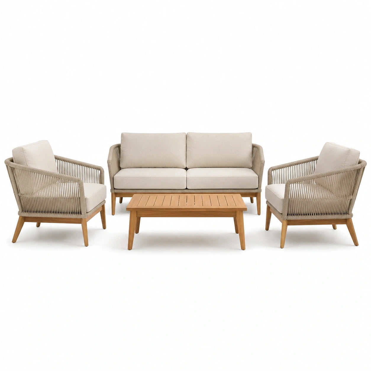 Set salotto da esterno in legno di teak e corda beige