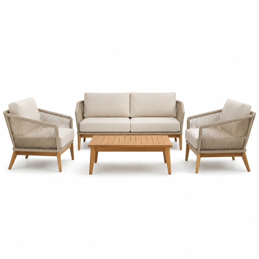 Set salotto da esterno in legno di teak e corda beige