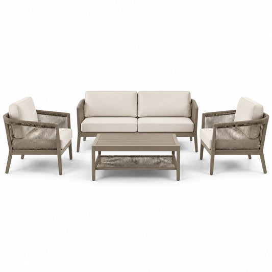 Set da salotto da giardino in metallo con cuscini in poliestere crema