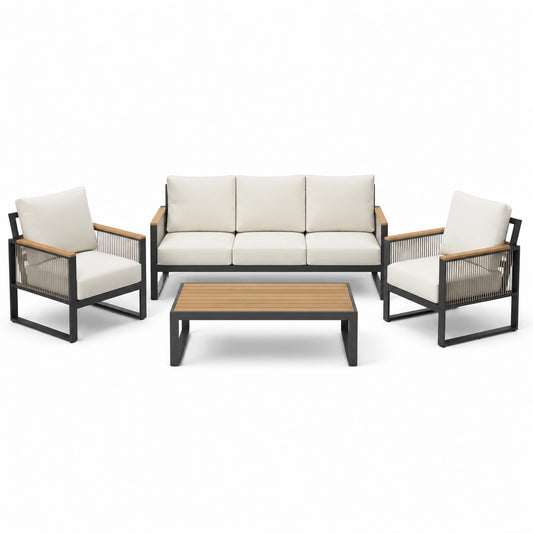 Set da giardino in alluminio e legno con cuscini in tessuto crema