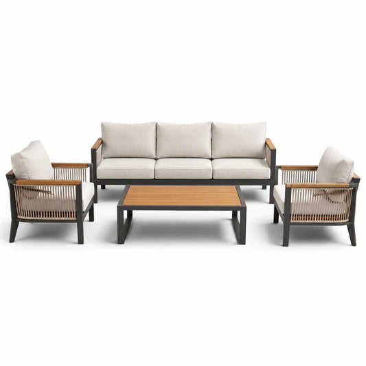 Set per esterni in metallo con divano, poltrone e tavolino, cuscini beige