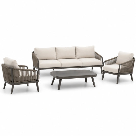Set salotto da giardino in metallo con cuscini beige