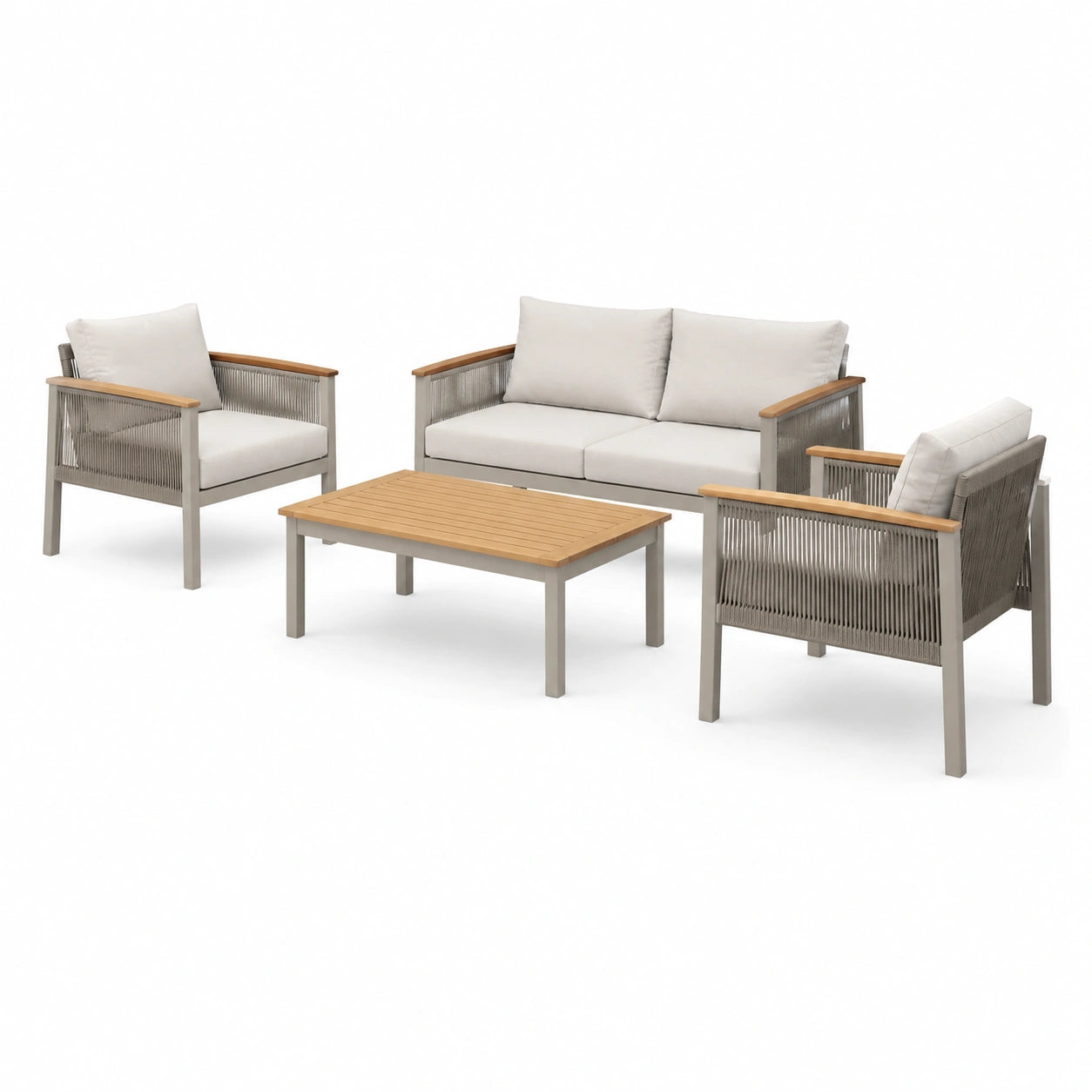 Set salotto da giardino in metallo con cuscini beige