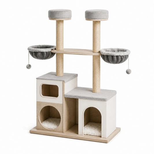Tiragraffi per Gatti in Legno Composito con Casette e Ceste Grigio Naturale
