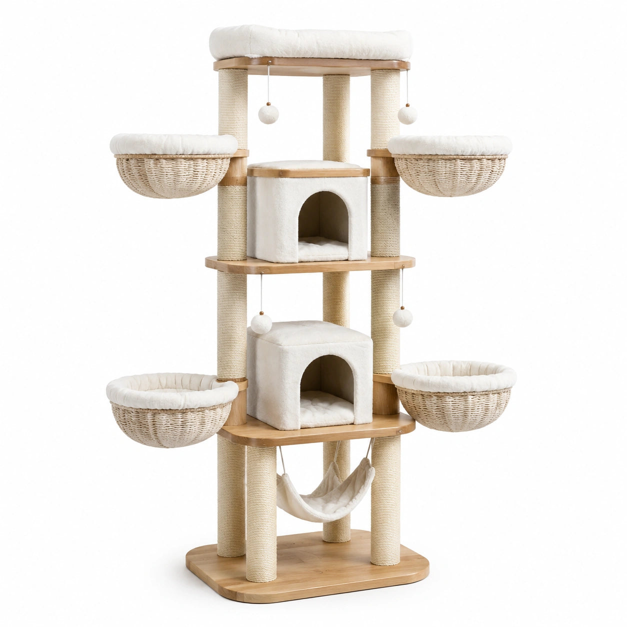 Albero tiragraffi in legno e rattan con amaca in tessuto, altezza 150 cm