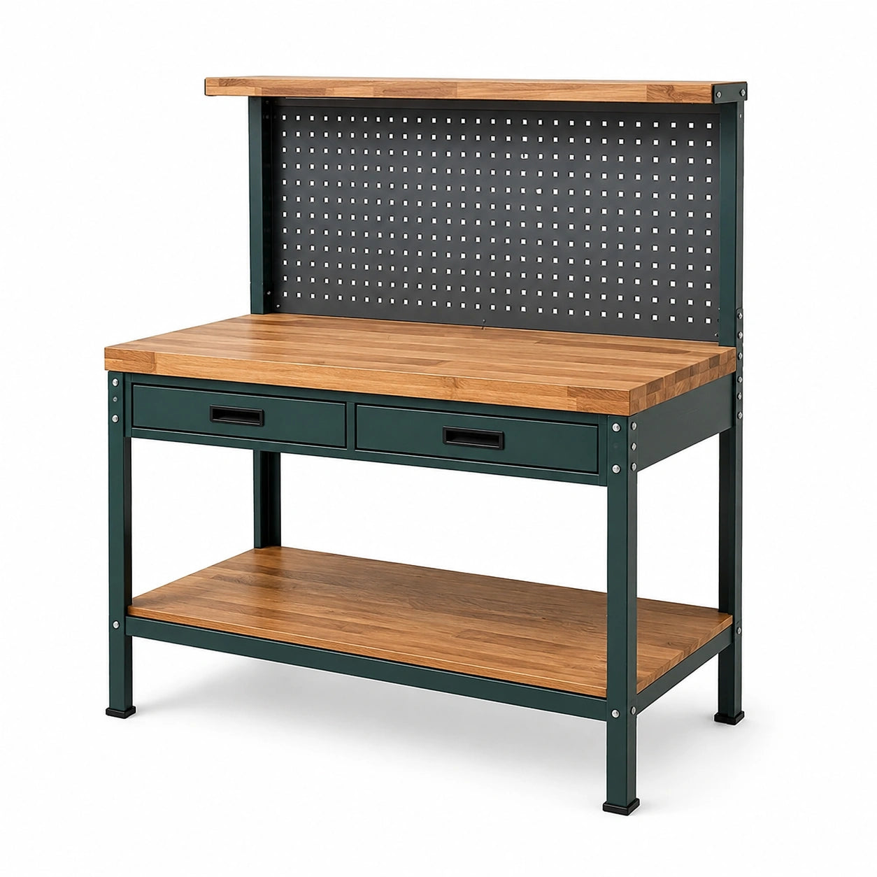 Banco da lavoro in metallo con ripiano in legno e 2 cassetti, 120x60x150 cm