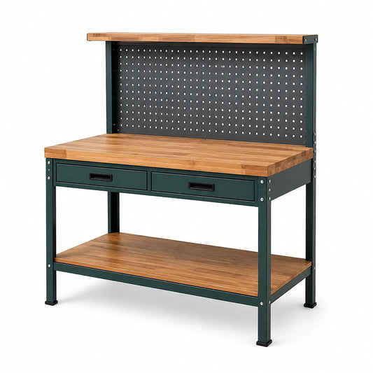 Banco da lavoro in metallo con ripiano in legno e 2 cassetti, 120x60x150 cm