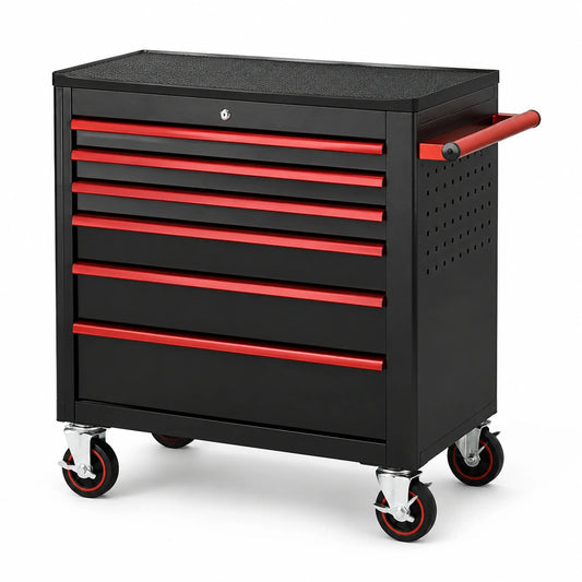 Carrello portautensili in metallo nero e rosso con 6 cassetti