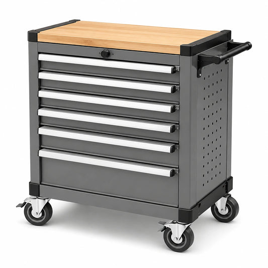 Carrello portautensili in metallo con 7 cassetti e piano in legno