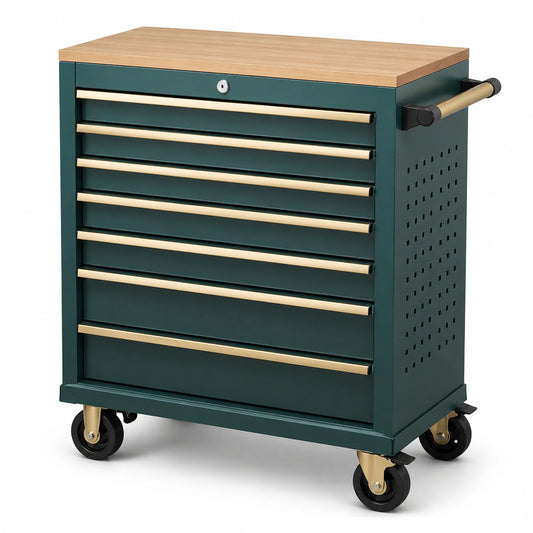 Carrello portautensili in metallo verde con cassetti bloccabili
