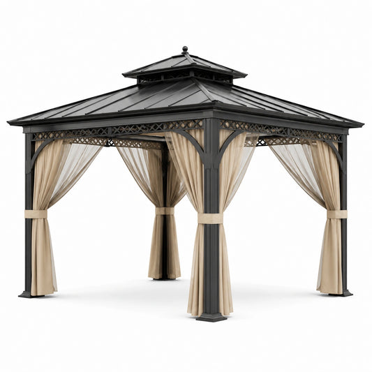 Gazebo in Metallo con Tenda Laterale Nero e Beige 300x400 cm