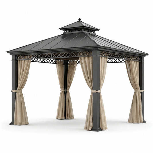 Gazebo da giardino in acciaio con tetto e tende color crema 3x4m